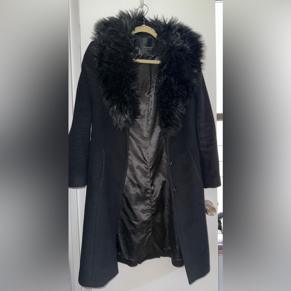 Gianni Feraud Black FAUX Fur-Trimmed Trench Coat